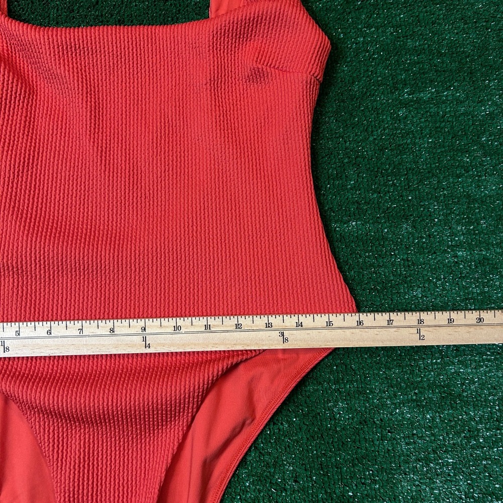 Monday Swimwear One Piece Swimsuit W L Coral Red Textured Square Neck Low Back - Picture 13 of 13